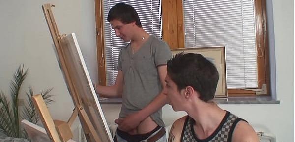  Painting leads to threesome with granny and boys teen